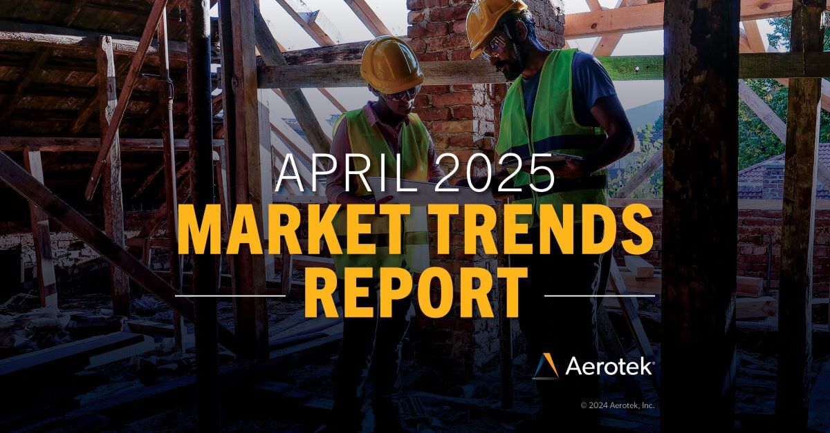 "April 2025 Market Trends Report" caption overlays two construction workers in safety gear looking at a blueprint. 