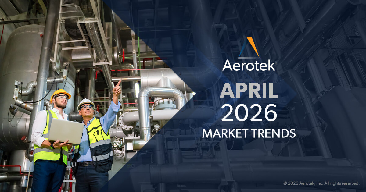 The caption "April 2026 Market Trends" overlays two facility maintenance experts reviewing maintenance logs in an industrial setting, surrounded by pipes and vats.