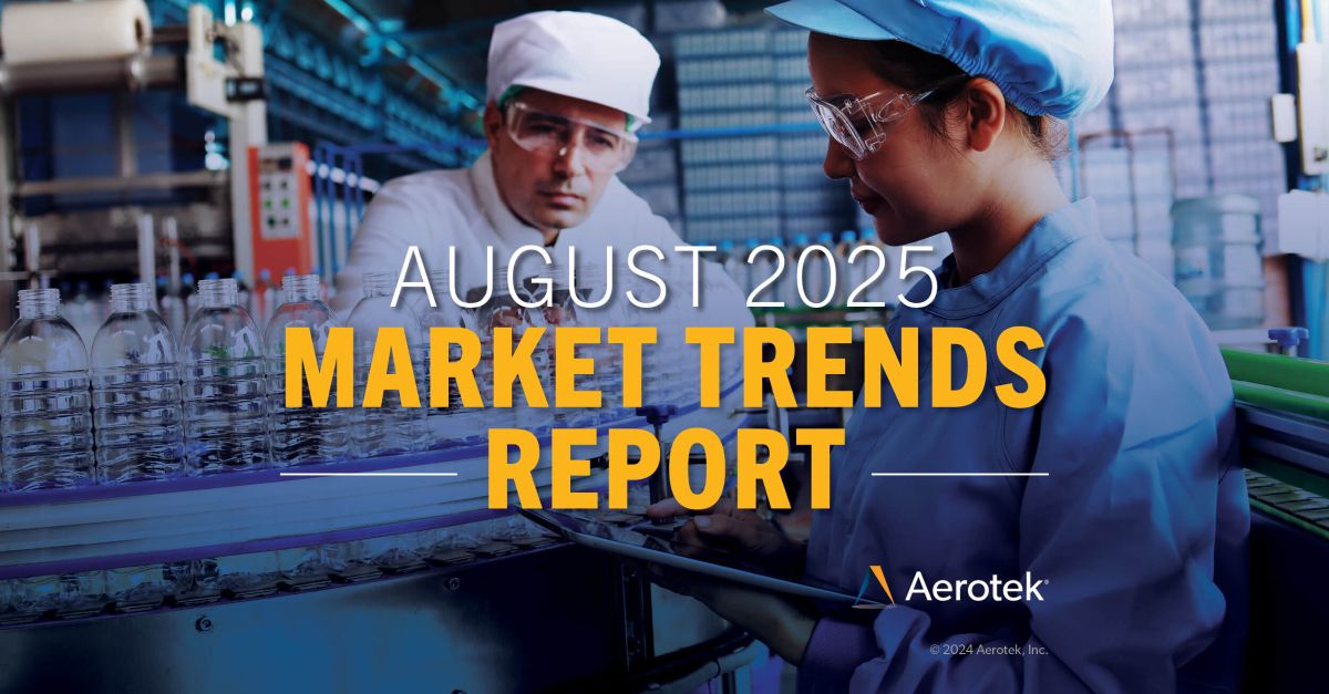 "August 2025 Market Trends" caption overlays two workers in hats and safety goggles overseeing a plastic bottle assembly line.