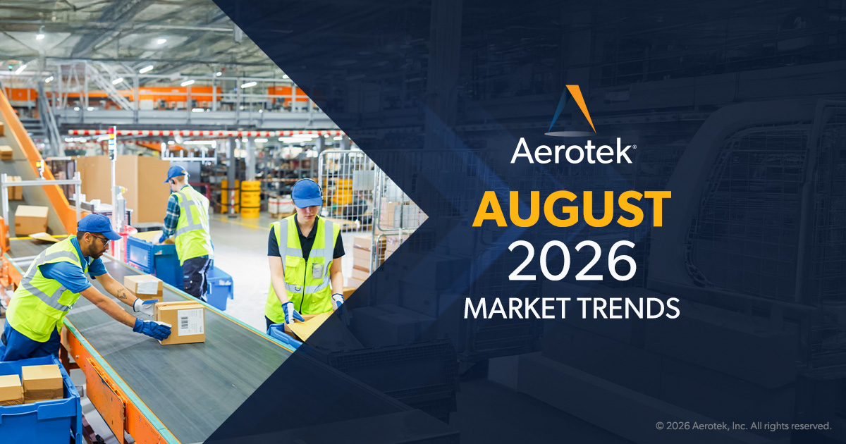 This image promotes Aerotek's August 2026 Market Trends report. It features a warehouse setting where workers wearing yellow safety vests help guide packages onto a conveyor system. 