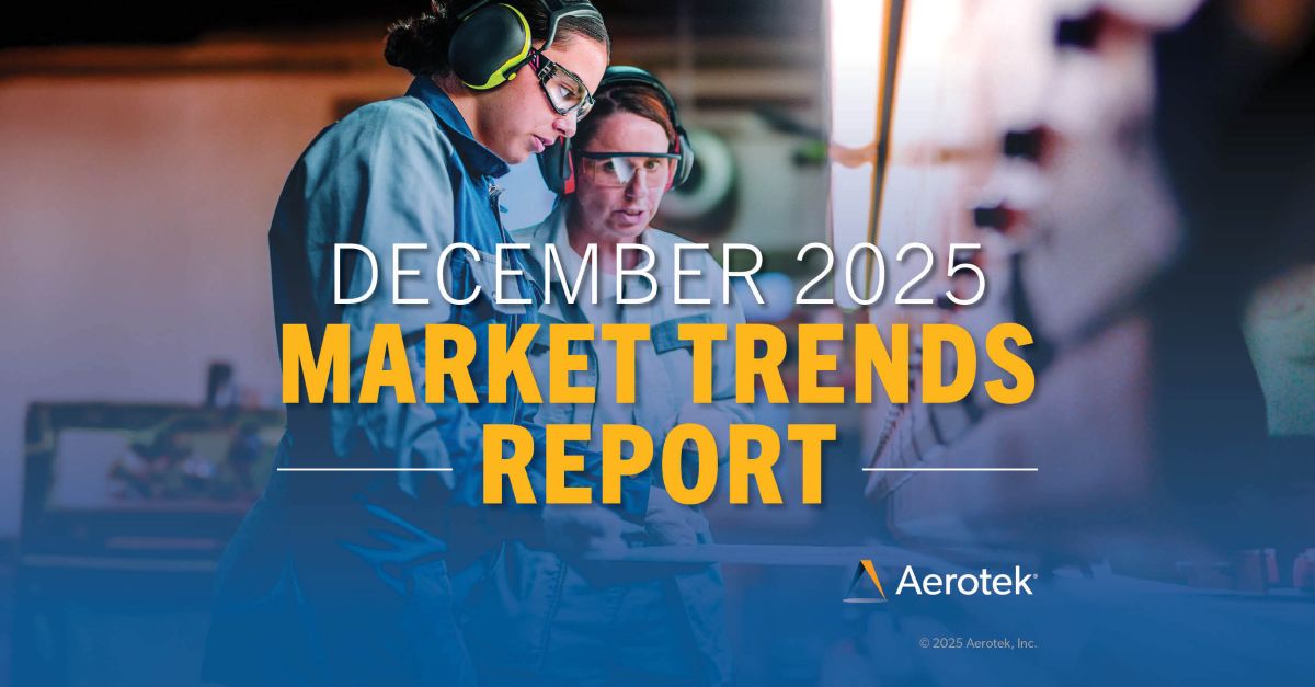 "December 2025 Market Trends Report" caption overlays two manufacturing workers in blue jumpsuits with safety goggles and ear protection.