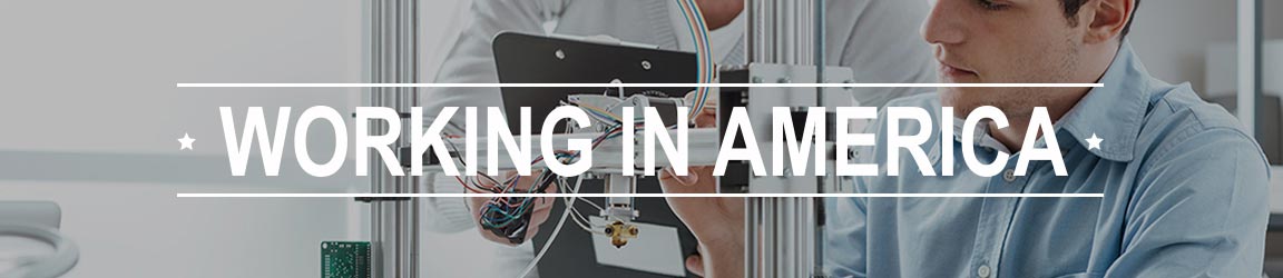 Engineer working with Working in America text overlay on image