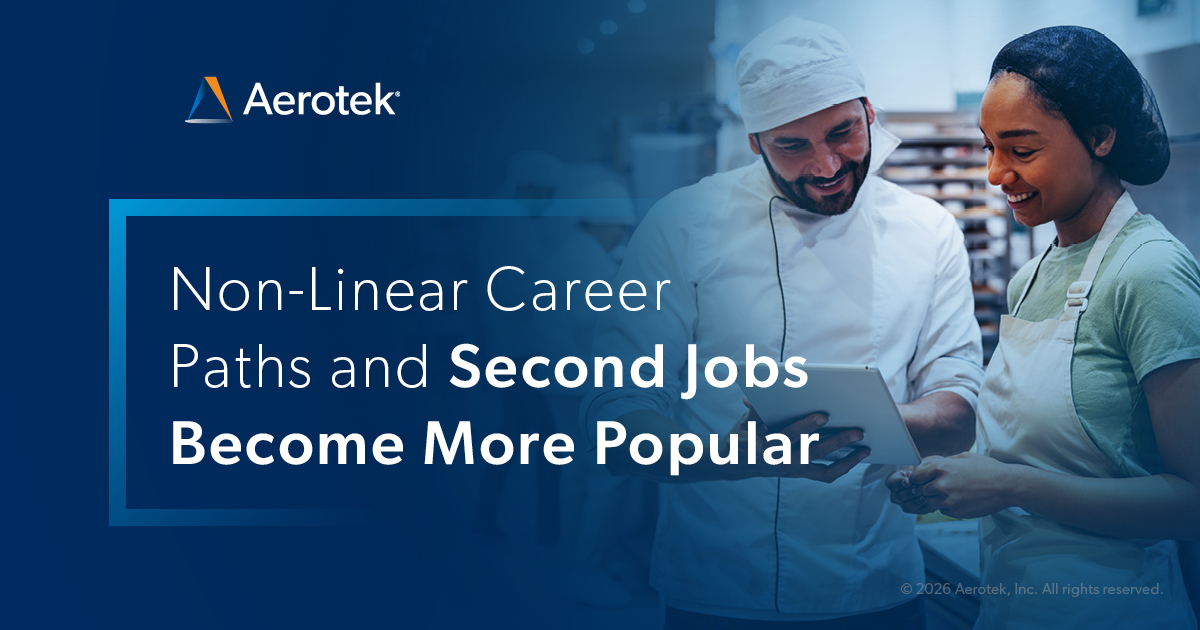 This image promotes Aerotek's Job Seeker Survey: Q1 2026 and the rise on non-linear career paths and second jobs.