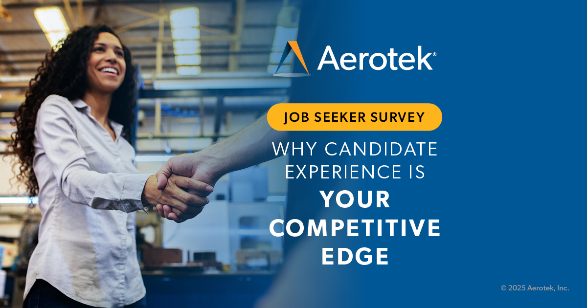 This image supports the release of Aerotek’s Job Seeker Survey: Q4 2025. The graphic reads “Why Candidate Experience Is Your Competitive Edge” it features a background image of a candidate and potential employer shaking hands. 