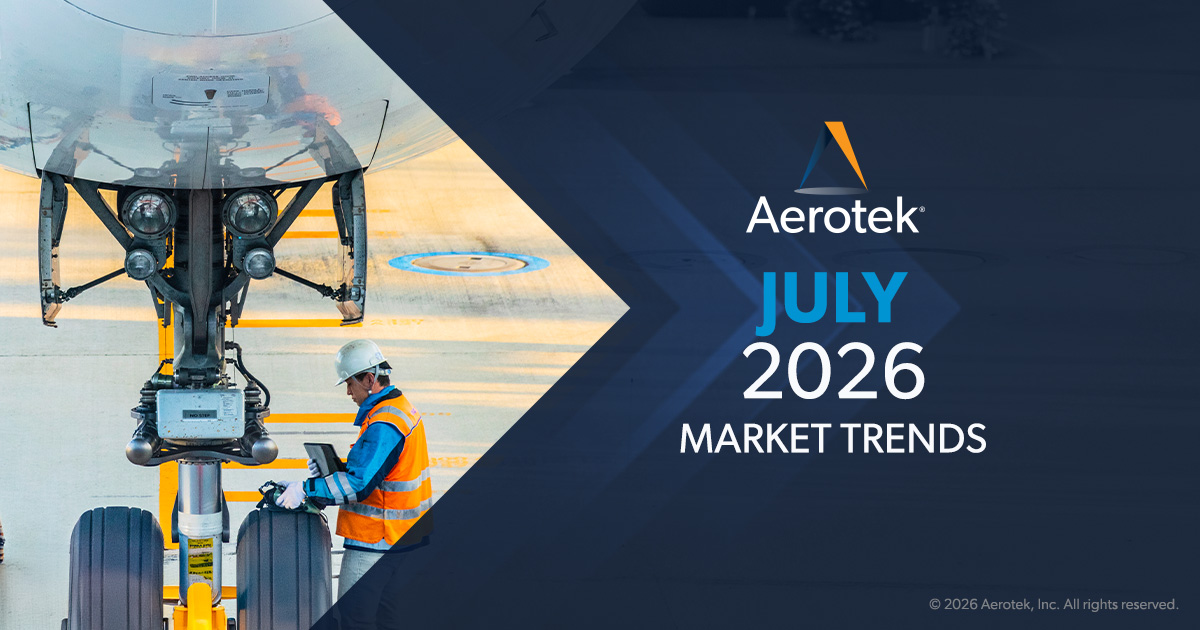 This graphic promotes Aerotek's July 2026 Market Trends report. It features an aircraft mechanic wearing safety attire, repairing and airplane. 