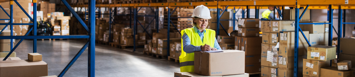 A senior woman warehouse worker or supervisor, wearing a high-visibility vest, stands in a distribution center. She is holding a clipboard and appears to be checking inventory on shelves filled with boxes and packages