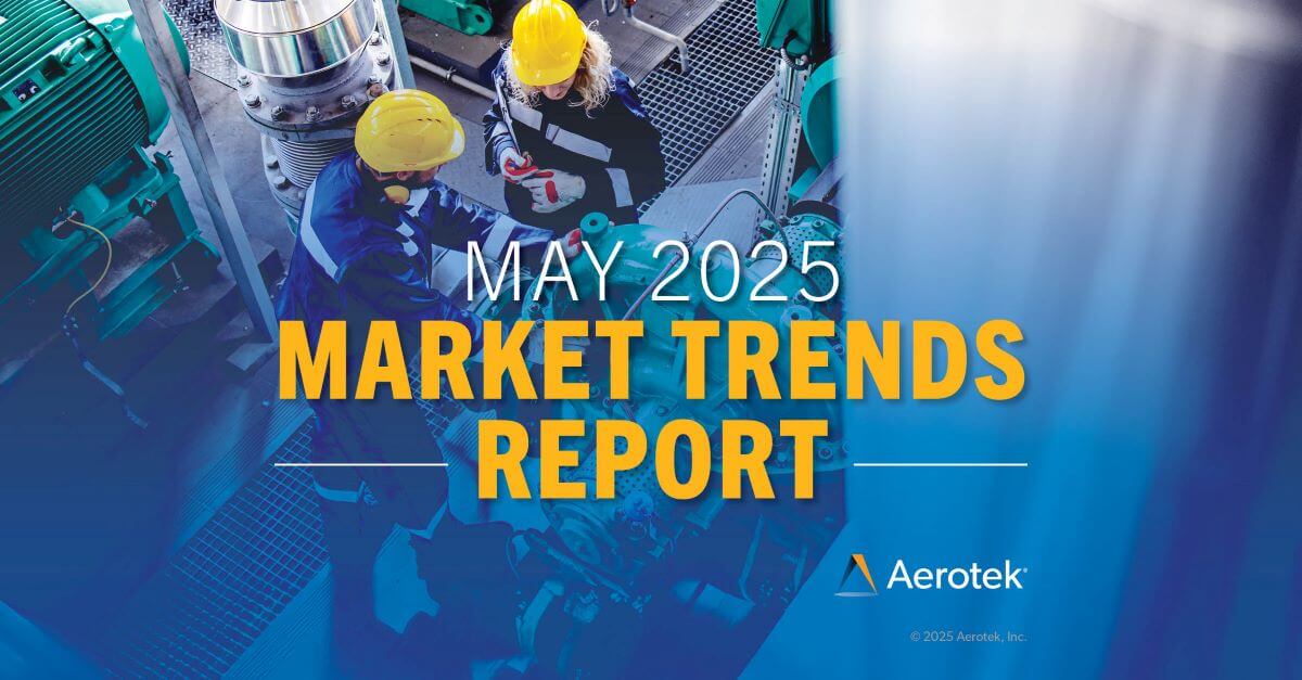 The caption "May 2025 Market Trends Report" overlays two maintenance experts in yellow hard hats who inspect plant equipment