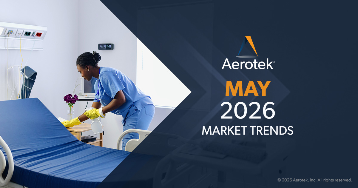 This image supports Aerotek's May Market Trends report. The image shows a janitorial worker cleaning a hospital bed. The report's Industry Spotlight features key insights about facilities maintenance operations in hospitals. 
