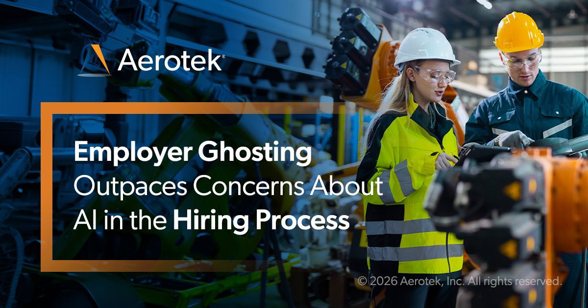 Two manufacturing workers reviewing a tablet on a production floor beside automated machinery. Graphic highlights employer ghosting and AI concerns in the hiring process.