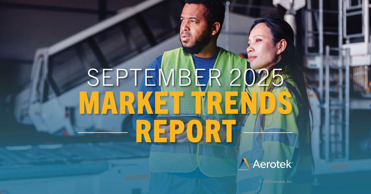 The caption "September 2025 Market Trends Report" overlays two factory workers in reflective safety vests who are standing in front of assembly belt.
