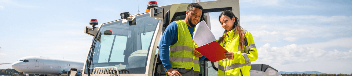 On an airport runway, two workers stand in front of a small truck and review information on a clipboard. The man on the left wears a yellow safety vest, long-sleeve blue shirt, grey pants and white shoes. The woman on the right wears a yellow safety jacket, grey pants and white shoes. 