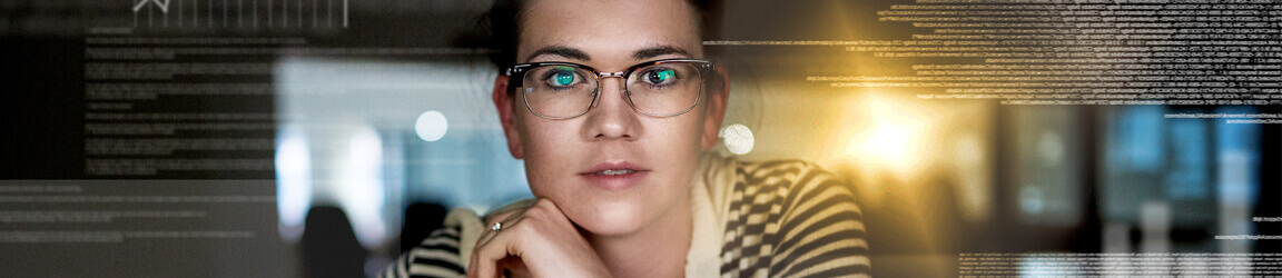 Photo of woman facing camera with light text on the image