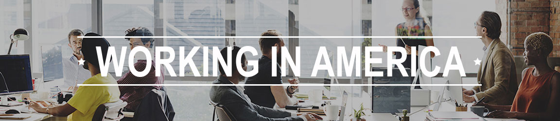 Casual office space with professionals working at desks and working in america text over the image