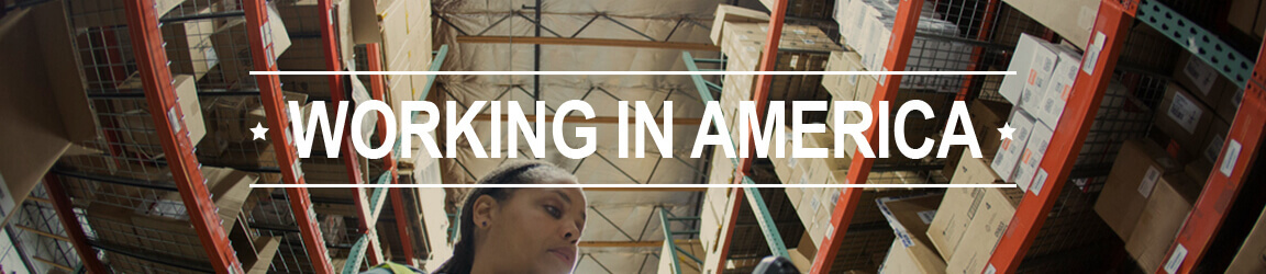 Woman working in a package storage area with Working in America text.