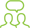 Green outline of two people with a talk bubble above them